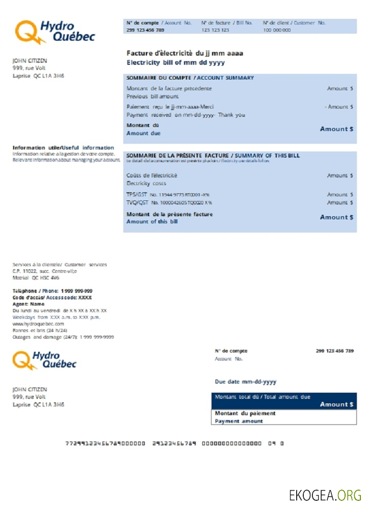 Canada Hydro Québec utility bill template in .doc and .pdf format